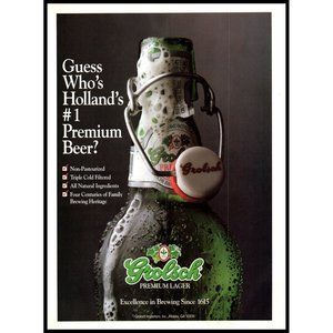1992 Grolsch Lager Beer Vintage Print Ad Holland Dutch Green Bottle Wall Art